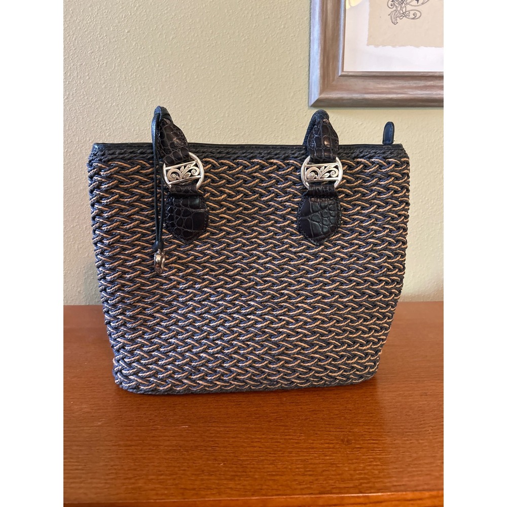 Brighton Woven Straw Tote Bag Navy Blue Tan Croc Embossed Leather Heart Charm